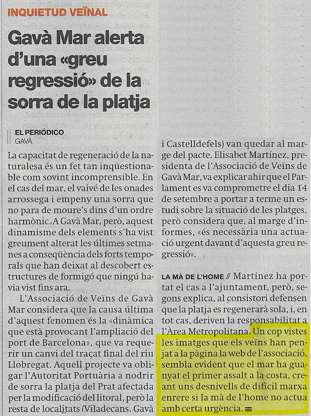 Notcia publicada al diari 'El Peridico' sobre la regressi de part de la platja de Gav Mar (7 Desembre 2011)
